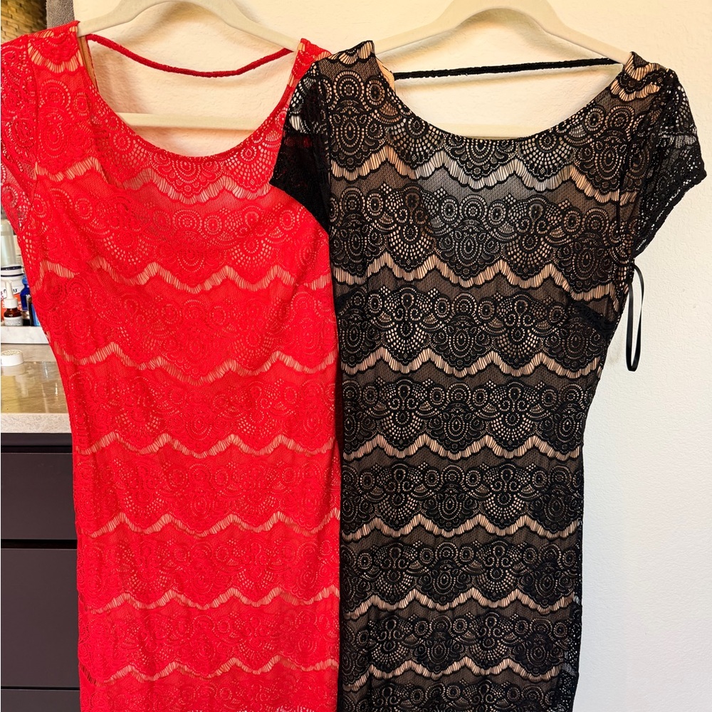 bebe Red and Black Lace Mini Dresses with nude underlining